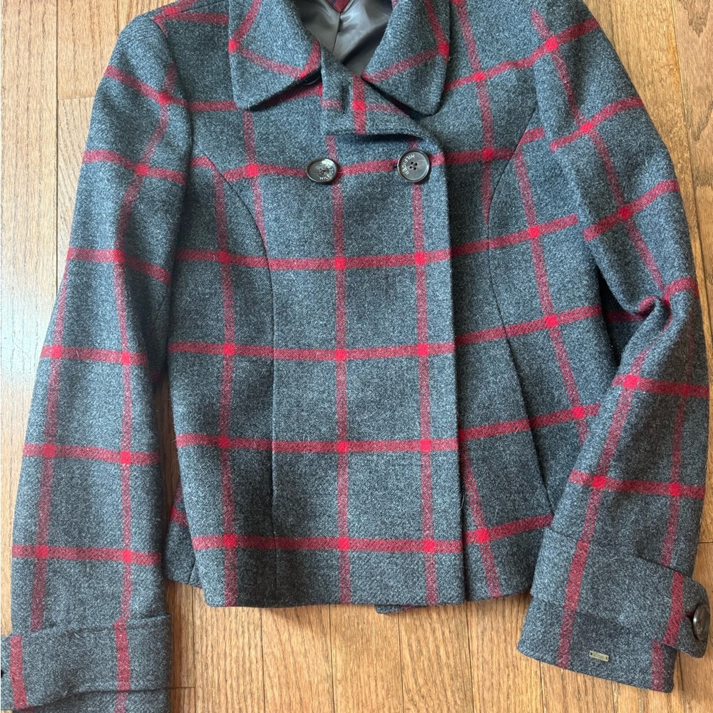 Tommy Hilfiger Charcoal and Crimson Plaid Pea Coat